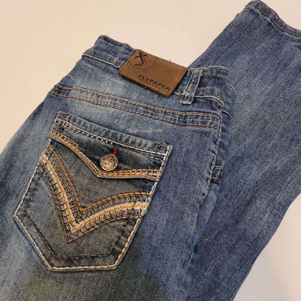 Flypaper Jeans Mens 34x31 Bootcut Mid Rise Embroidered Medium Wash Denim Blue‎